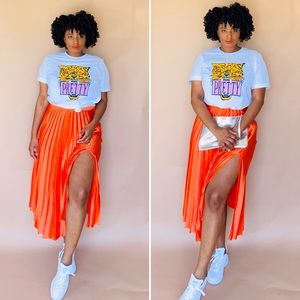 Orange pleated long skirt